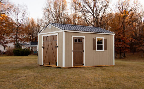 Exterior-Rampage-Door-System-on-tan-shed-with-metal-roof