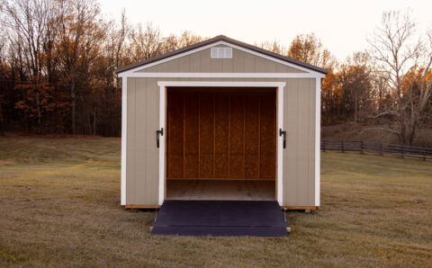 Opened-Tan-Shed-Front-view-with-Rampage-Door